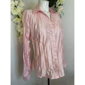 Beluva San Francisco‎ Med Pink White Stripes Taffeta Crinkle Pleated Top Blouse